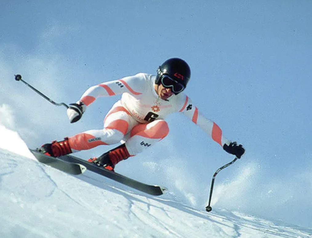 American skier Bill Johnson competes in the 1984 Olympic Games in Sarajevo, Bosnia and Herzegovina. He became the first American man to land a gold medal in downhill skiing. 